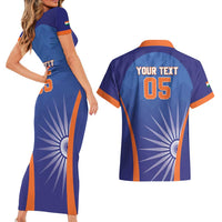 Custom India Cricket Couples Matching Short Sleeve Bodycon Dress and Hawaiian Shirt Go Champions Men In Blue LT05 - Wonder Print Shop
