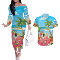 Bahamas Beach Couples Matching Off The Shoulder Long Sleeve Dress and Hawaiian Shirt Welcome To Paradise