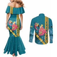 Bahamas Christmas Couples Matching Mermaid Dress and Long Sleeve Button Shirt Merry Mingo Tropical Vibes - Wonder Print Shop