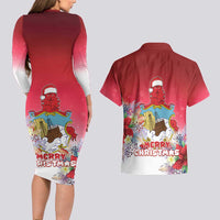 Bermuda Christmas Couples Matching Long Sleeve Bodycon Dress and Hawaiian Shirt Coquette Bow Xmas Vibe - Wonder Print Shop