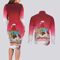 Bermuda Christmas Couples Matching Long Sleeve Bodycon Dress and Long Sleeve Button Shirt Coquette Bow Xmas Vibe - Wonder Print Shop