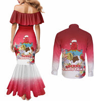 Bermuda Christmas Couples Matching Mermaid Dress and Long Sleeve Button Shirt Coquette Bow Xmas Vibe - Wonder Print Shop