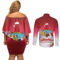 Bermuda Christmas Couples Matching Off Shoulder Short Dress and Long Sleeve Button Shirt Coquette Bow Xmas Vibe - Wonder Print Shop