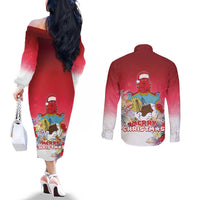 Bermuda Christmas Couples Matching Off The Shoulder Long Sleeve Dress and Long Sleeve Button Shirt Coquette Bow Xmas Vibe - Wonder Print Shop