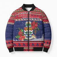 Cayman Islands Christmas Bomber Puffer Jacket Coat Of Arms With Poinsettia - Wonder Print Shop