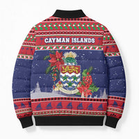Cayman Islands Christmas Bomber Puffer Jacket Coat Of Arms With Poinsettia - Wonder Print Shop