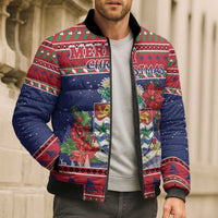 Cayman Islands Christmas Bomber Puffer Jacket Coat Of Arms With Poinsettia - Wonder Print Shop