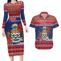 Cayman Islands Christmas Couples Matching Long Sleeve Bodycon Dress and Hawaiian Shirt Coat Of Arms With Poinsettia - Wonder Print Shop
