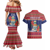 Cayman Islands Christmas Couples Matching Mermaid Dress and Hawaiian Shirt Coat Of Arms With Poinsettia - Wonder Print Shop