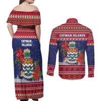 Cayman Islands Christmas Couples Matching Off Shoulder Maxi Dress and Long Sleeve Button Shirt Coat Of Arms With Poinsettia - Wonder Print Shop