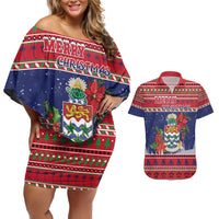 Cayman Islands Christmas Couples Matching Off Shoulder Short Dress and Hawaiian Shirt Coat Of Arms With Poinsettia - Wonder Print Shop