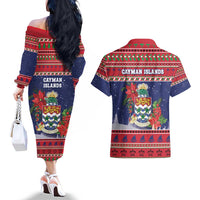Cayman Islands Christmas Couples Matching Off The Shoulder Long Sleeve Dress and Hawaiian Shirt Coat Of Arms With Poinsettia - Wonder Print Shop