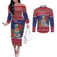 Cayman Islands Christmas Couples Matching Off The Shoulder Long Sleeve Dress and Long Sleeve Button Shirt Coat Of Arms With Poinsettia - Wonder Print Shop