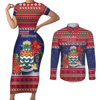 Cayman Islands Christmas Couples Matching Short Sleeve Bodycon Dress and Long Sleeve Button Shirt Coat Of Arms With Poinsettia - Wonder Print Shop