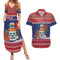 Cayman Islands Christmas Couples Matching Summer Maxi Dress and Hawaiian Shirt Coat Of Arms With Poinsettia - Wonder Print Shop