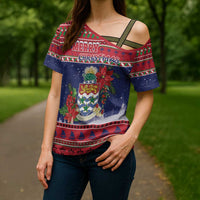 Cayman Islands Christmas Cross Shoulder Shirt Coat Of Arms With Poinsettia - Wonder Print Shop