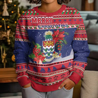 Cayman Islands Christmas Kid Ugly Christmas Sweater Coat Of Arms With Poinsettia - Wonder Print Shop