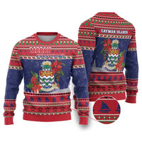 Cayman Islands Christmas Ugly Christmas Sweater Coat Of Arms With Poinsettia - Wonder Print Shop