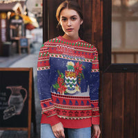 Cayman Islands Christmas Ugly Christmas Sweater Coat Of Arms With Poinsettia - Wonder Print Shop