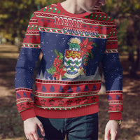 Cayman Islands Christmas Ugly Christmas Sweater Coat Of Arms With Poinsettia - Wonder Print Shop