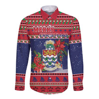 Cayman Islands Christmas Long Sleeve Button Shirt Coat Of Arms With Poinsettia - Wonder Print Shop