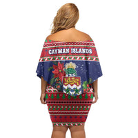 Cayman Islands Christmas Off Shoulder Short Dress Coat Of Arms With Poinsettia - Wonder Print Shop