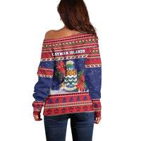 Cayman Islands Christmas Off Shoulder Sweater Coat Of Arms With Poinsettia - Wonder Print Shop