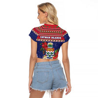 Cayman Islands Christmas Raglan Cropped T Shirt Coat Of Arms With Poinsettia - Wonder Print Shop
