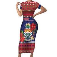 Cayman Islands Christmas Short Sleeve Bodycon Dress Coat Of Arms With Poinsettia - Wonder Print Shop