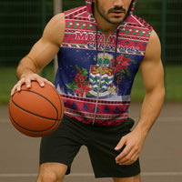 Cayman Islands Christmas Sleeveless Zip Hoodie Coat Of Arms With Poinsettia - Wonder Print Shop