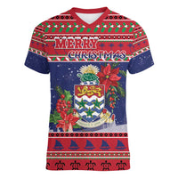 Cayman Islands Christmas Women V-Neck T-Shirt Coat Of Arms With Poinsettia - Wonder Print Shop