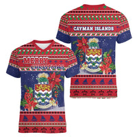 Cayman Islands Christmas Women V-Neck T-Shirt Coat Of Arms With Poinsettia - Wonder Print Shop