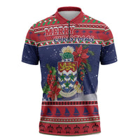 Cayman Islands Christmas Zipper Polo Shirt Coat Of Arms With Poinsettia - Wonder Print Shop