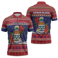 Cayman Islands Christmas Zipper Polo Shirt Coat Of Arms With Poinsettia - Wonder Print Shop