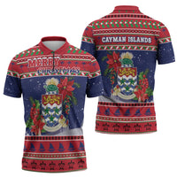 Cayman Islands Christmas Zipper Polo Shirt Coat Of Arms With Poinsettia - Wonder Print Shop