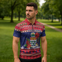 Cayman Islands Christmas Zipper Polo Shirt Coat Of Arms With Poinsettia - Wonder Print Shop