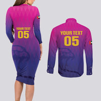 Custom United Arab Emirates Cricket Couples Matching Long Sleeve Bodycon Dress and Long Sleeve Button Shirt Go Champions Sporty Style LT05 - Wonder Print Shop