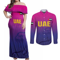 Custom United Arab Emirates Cricket Couples Matching Off Shoulder Maxi Dress and Long Sleeve Button Shirt Go Champions Sporty Style LT05 - Wonder Print Shop