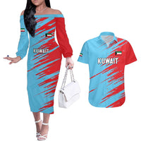 Custom Kuwait Cricket Couples Matching Off The Shoulder Long Sleeve Dress and Hawaiian Shirt Unique Style LT05 - Wonder Print Shop