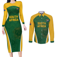 Custom South Africa Cricket Couples Matching Long Sleeve Bodycon Dress and Long Sleeve Button Shirt Go Champions Protea Pattern LT05 - Wonder Print Shop