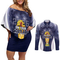 Custom Scotland Football 2026 Couples Matching Off Shoulder Short Dress and Long Sleeve Button Shirt Scotland On Tour Trophy Style - Wonder Print Shop