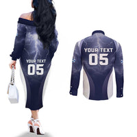 Custom Scotland Football 2026 Couples Matching Off The Shoulder Long Sleeve Dress and Long Sleeve Button Shirt Scotland On Tour Trophy Style - Wonder Print Shop