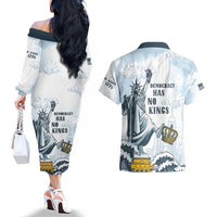 Funny Rejecting Kings Couples Matching Off The Shoulder Long Sleeve Dress and Hawaiian Shirt Since 1776 No Kings In America Retro Style LT05