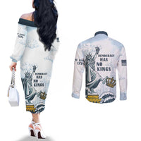 Funny Rejecting Kings Couples Matching Off The Shoulder Long Sleeve Dress and Long Sleeve Button Shirt Since 1776 No Kings In America Retro Style LT05