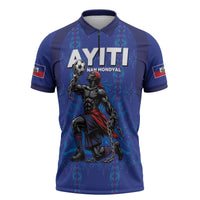 Custom Haiti Ayiti Nan Mondyal 2026 Zipper Polo Shirt Fyete Lit Victwa Blue Version