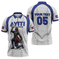 Custom Haiti Ayiti Nan Mondyal 2026 Zipper Polo Shirt Fyete Lit Victwa White Version