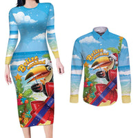 Belize Navidad Christmas Couples Matching Long Sleeve Bodycon Dress and Long Sleeve Button Shirt Funny Santa Toucan - Wonder Print Shop