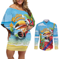 Belize Navidad Christmas Couples Matching Off Shoulder Short Dress and Long Sleeve Button Shirt Funny Santa Toucan - Wonder Print Shop