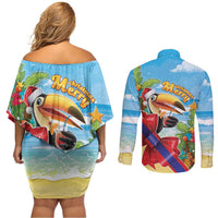 Belize Navidad Christmas Couples Matching Off Shoulder Short Dress and Long Sleeve Button Shirt Funny Santa Toucan - Wonder Print Shop