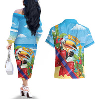 Belize Navidad Christmas Couples Matching Off The Shoulder Long Sleeve Dress and Hawaiian Shirt Funny Santa Toucan - Wonder Print Shop